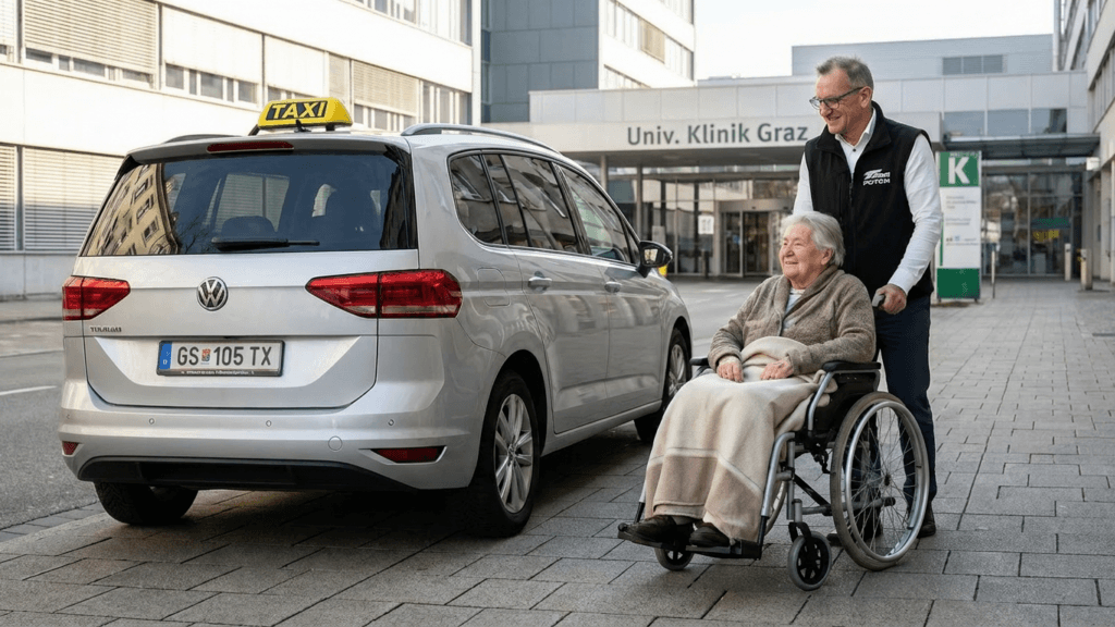 Senioren-Taxidienst am Krankenhaus: Komfortabler Transport für eine ältere Frau im Rollstuhl.