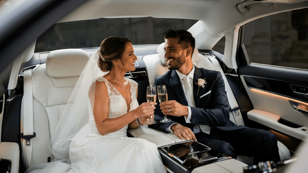 Brautpaar im Auto stößt mit Champagner an, lächelnd in eleganter Hochzeitskleidung.